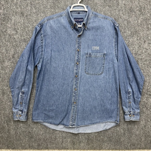 Vintage Swingster Jean Denim button up Shirt IBM Men's Size Large Long Sleeve